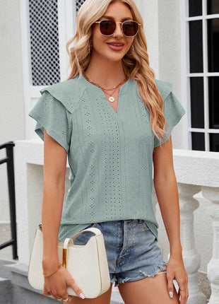 Eyelet Notched Flutter Sleeve T-Shirt - MimiStylez