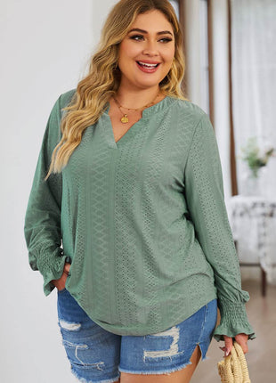 Plus Size Eyelet Notched Flounce Sleeve Blouse - MimiStylez