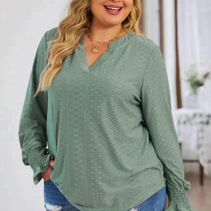Plus Size Eyelet Notched Flounce Sleeve Blouse - MimiStylez