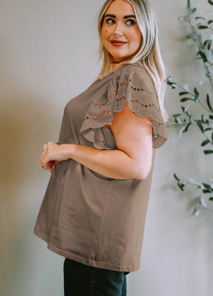 Plus Size Eyelet Round Neck Short Sleeve Blouse - MimiStylez