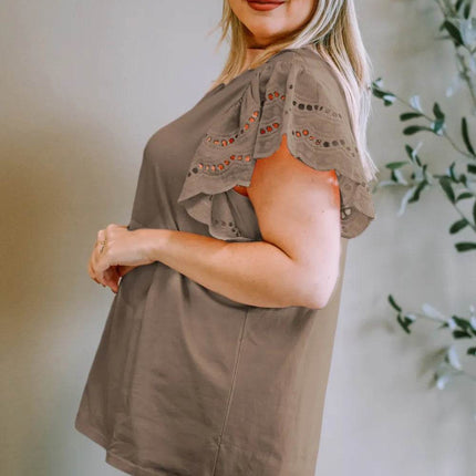 Plus Size Eyelet Round Neck Short Sleeve Blouse - MimiStylez