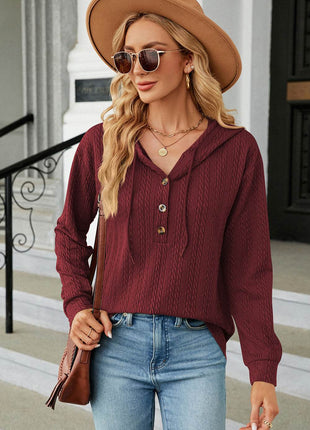 Drawstring Half Button Long Sleeve Hoodie - MimiStylez