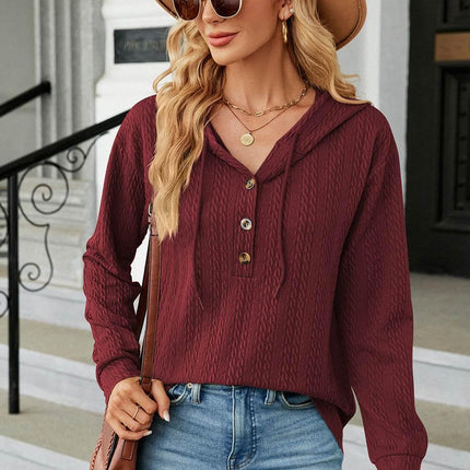 Drawstring Half Button Long Sleeve Hoodie - MimiStylez