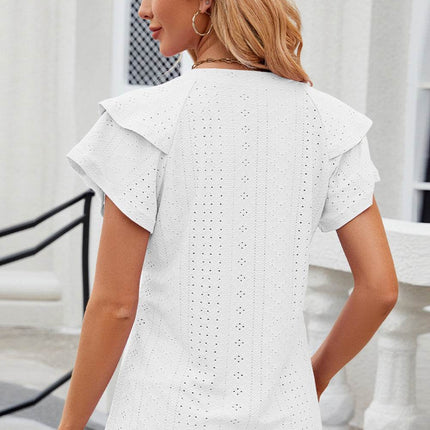 Eyelet Notched Flutter Sleeve T-Shirt - MimiStylez