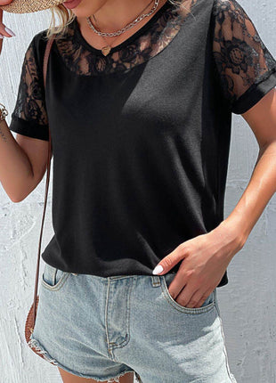 Spliced Lace Round Neck Short Sleeve Top - MimiStylez