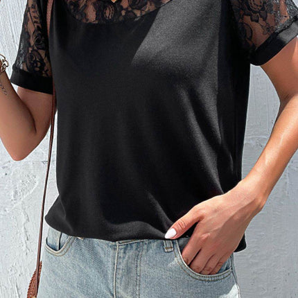 Spliced Lace Round Neck Short Sleeve Top - MimiStylez