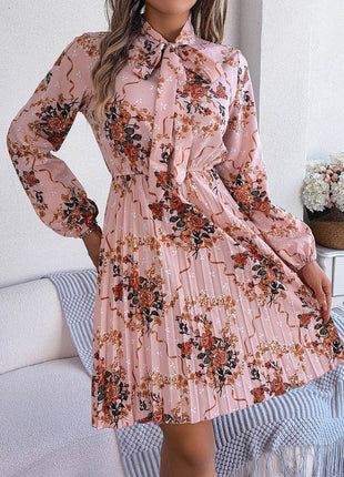 Pleated Printed Tie Neck Long Sleeve Dress - MimiStylez