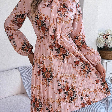Pleated Printed Tie Neck Long Sleeve Dress - MimiStylez