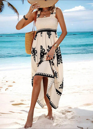 Smocked Printed Wide Strap Maxi Dress - MimiStylez