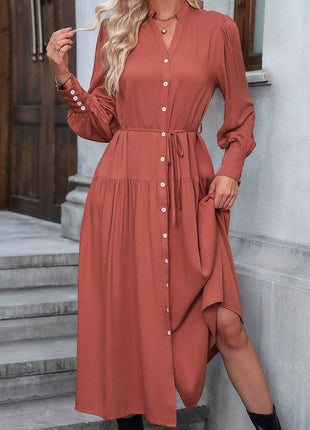 Button Down Notched Neck Dress - MimiStylez