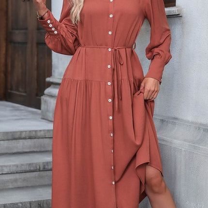 Button Down Notched Neck Dress - MimiStylez
