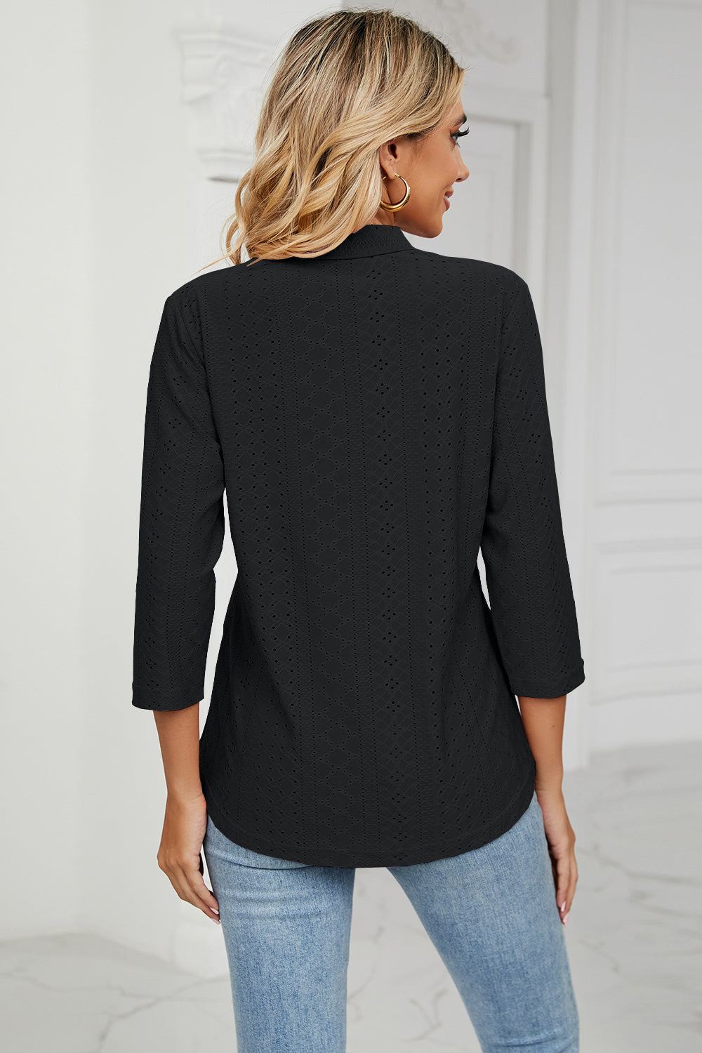 Eyelet Three-Quarter Sleeve Blouse