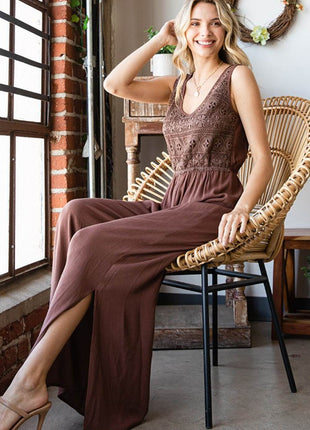 First Love Tie Back Sleeveless Slit Wide Leg Jumpsuit - MimiStylez