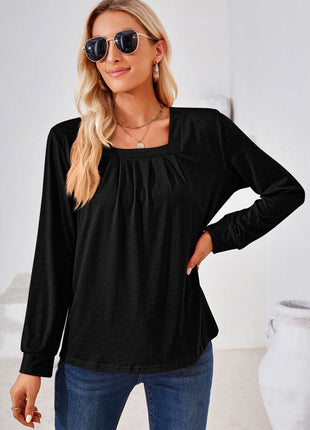 Square Neck Ruched Long Sleeve Blouse - MimiStylez