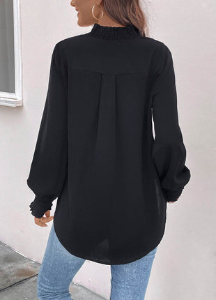 Smocked Notched Long Sleeve Blouse - MimiStylez