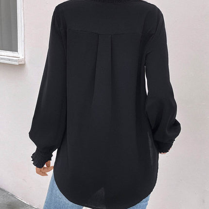 Smocked Notched Long Sleeve Blouse - MimiStylez