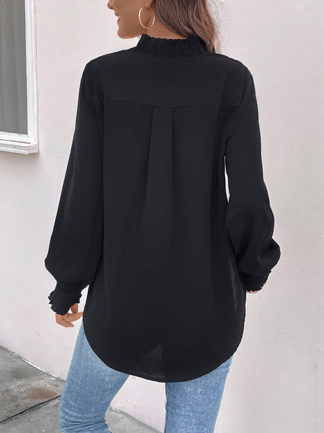 Smocked Notched Long Sleeve Blouse - MimiStylez