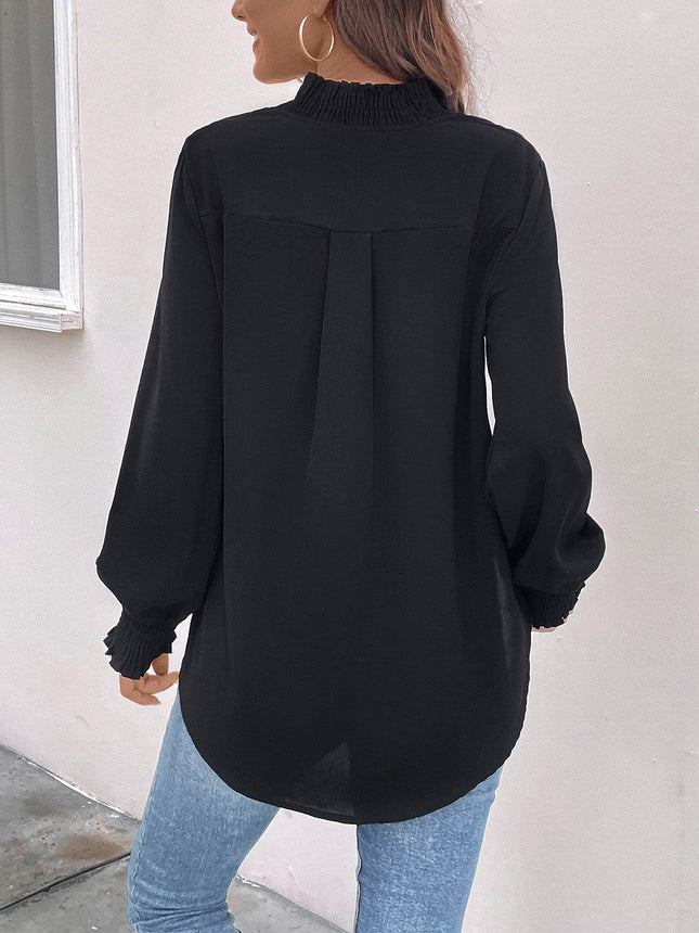 Smocked Notched Long Sleeve Blouse - MimiStylez