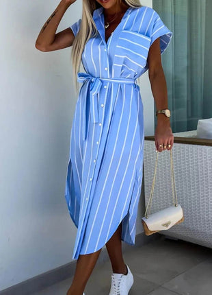 Striped Tie Waist Short Sleeve Dress - MimiStylez