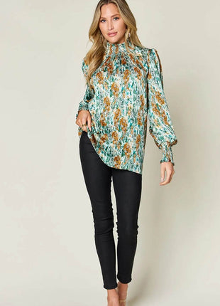 Double Take Full Size Printed Smocked Long Sleeve Blouse - MimiStylez