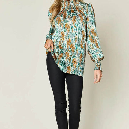 Double Take Full Size Printed Smocked Long Sleeve Blouse - MimiStylez