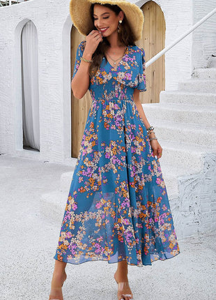 Smocked Floral V-Neck Short Sleeve Dress - MimiStylez