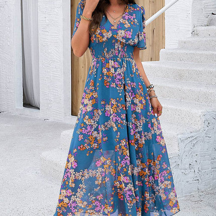 Smocked Floral V-Neck Short Sleeve Dress - MimiStylez