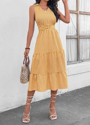 Striped Johnny Collar Sleeveless Midi Dress - MimiStylez