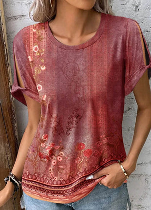 Printed Round Neck Short Sleeve T-Shirt - MimiStylez