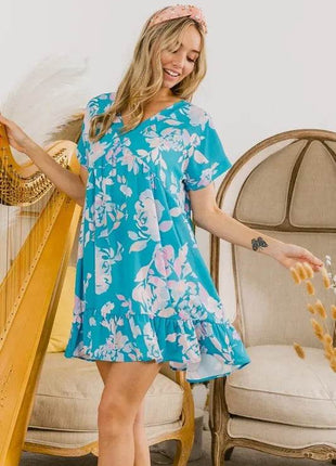 BiBi Floral Crinkle Shirred Ruffle Detail V Neck Dress - MimiStylez