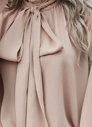 Tie Neck Lantern Sleeve Blouse - MimiStylez