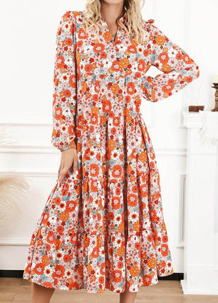 Floral Notched Neck Long Sleeve Dress - MimiStylez