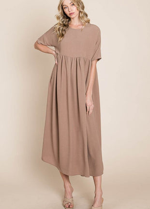 BOMBOM Round Neck Ruched Midi Dress - MimiStylez