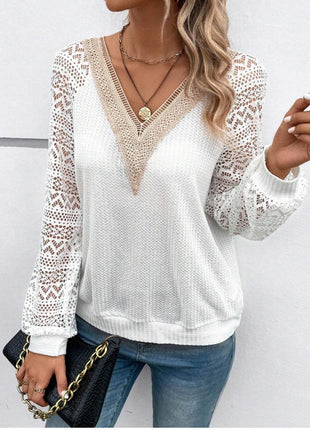 Lace V-Neck Raglan Sleeve Top - MimiStylez