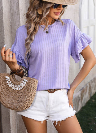 Ruffled Round Neck Short Sleeve Blouse - MimiStylez
