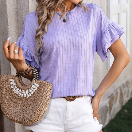 Ruffled Round Neck Short Sleeve Blouse - MimiStylez