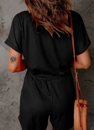 Full Size Drawstring V-Neck Short Sleeve Romper - MimiStylez