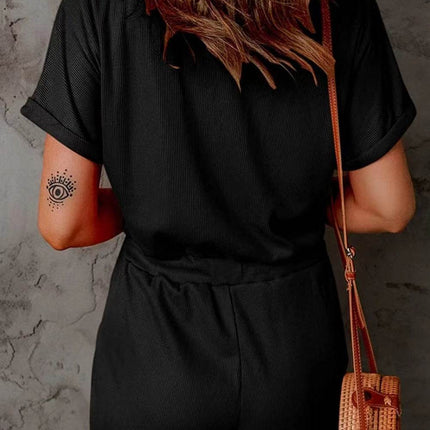 Full Size Drawstring V-Neck Short Sleeve Romper - MimiStylez