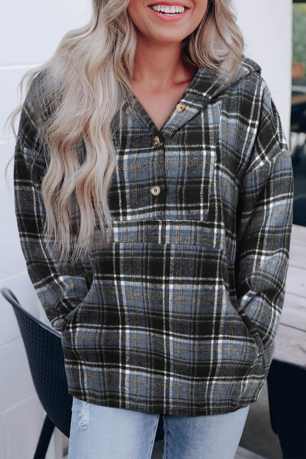 Plaid Long Sleeve Buttoned Hoodie