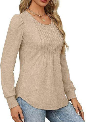 Women's Bubble Sleeve Waist Pleated Round Neck Long Sleeve T-shirt - MimiStylez