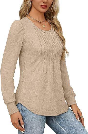 Women's Bubble Sleeve Waist Pleated Round Neck Long Sleeve T-shirt - MimiStylez