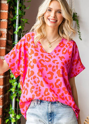 First Love Leopard V-Neck Short Sleeve Woven Top - MimiStylez