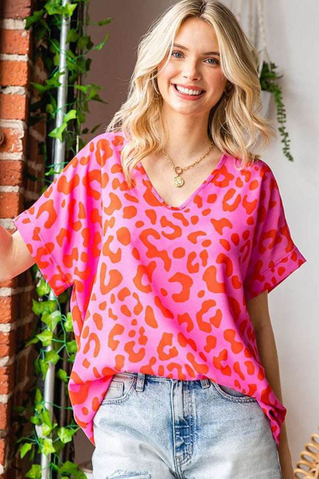 First Love Leopard V-Neck Short Sleeve Woven Top - MimiStylez