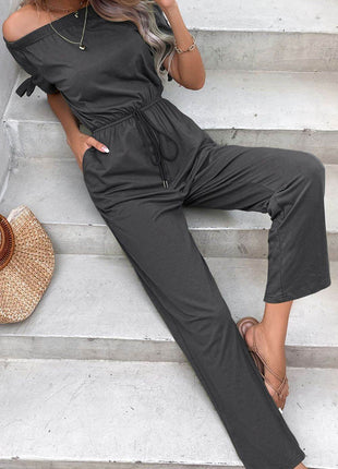 Off-Shoulder Tie Cuff Jumpsuit with Pockets - MimiStylez
