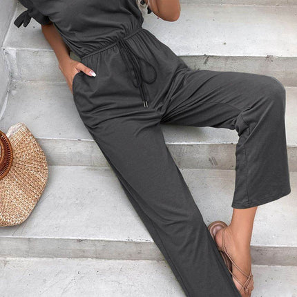 Off-Shoulder Tie Cuff Jumpsuit with Pockets - MimiStylez