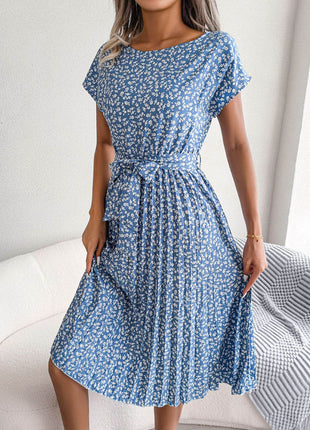 Ditsy Floral Pleated Belted Dress - MimiStylez