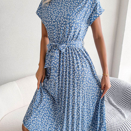 Ditsy Floral Pleated Belted Dress - MimiStylez
