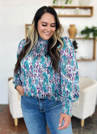 Double Take Full Size Printed Smocked Long Sleeve Blouse - MimiStylez