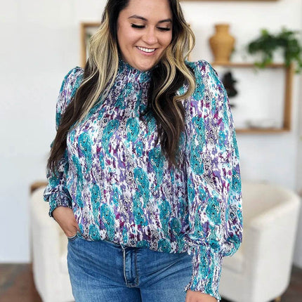 Double Take Full Size Printed Smocked Long Sleeve Blouse - MimiStylez