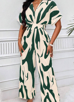 Printed V-Neck Short Sleeve Wide Leg Jumpsuit - MimiStylez